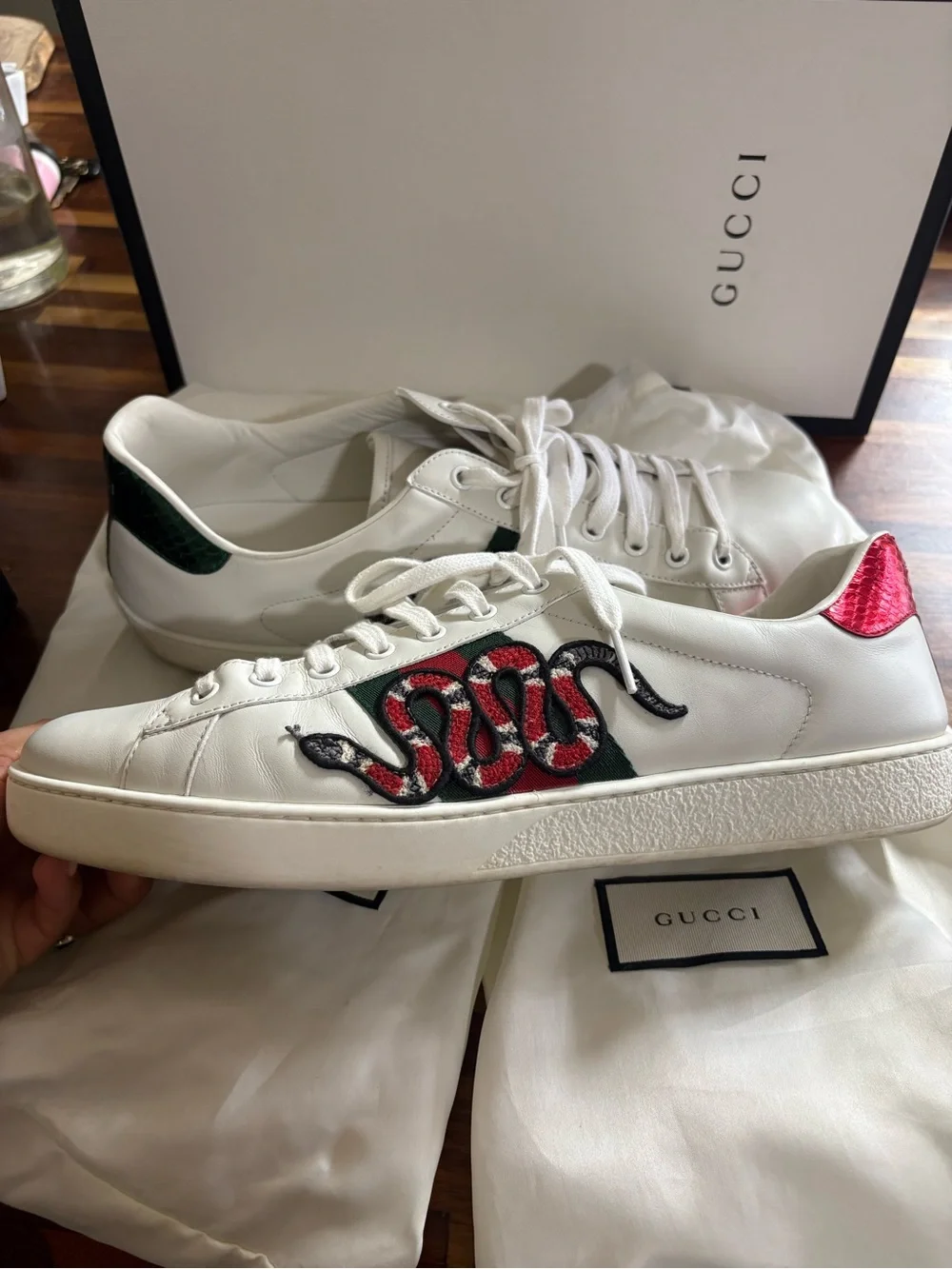 Gucci White Leather Sneakers with Red Snake Embroidery